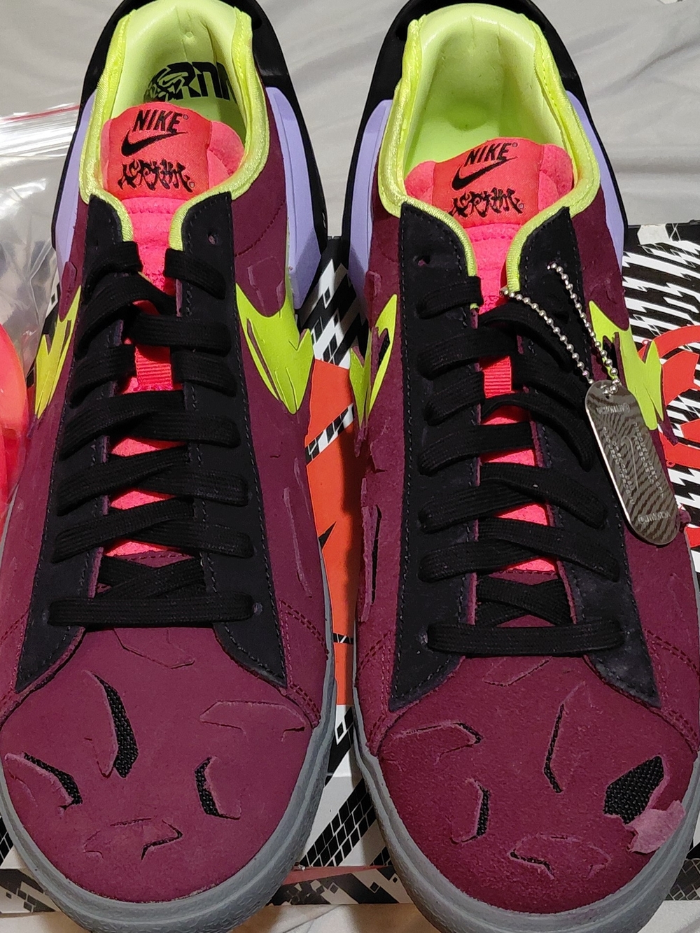 Nike Men’s Low-Top Sneakers - Burgundy with Neon Yellow and Pink Accents